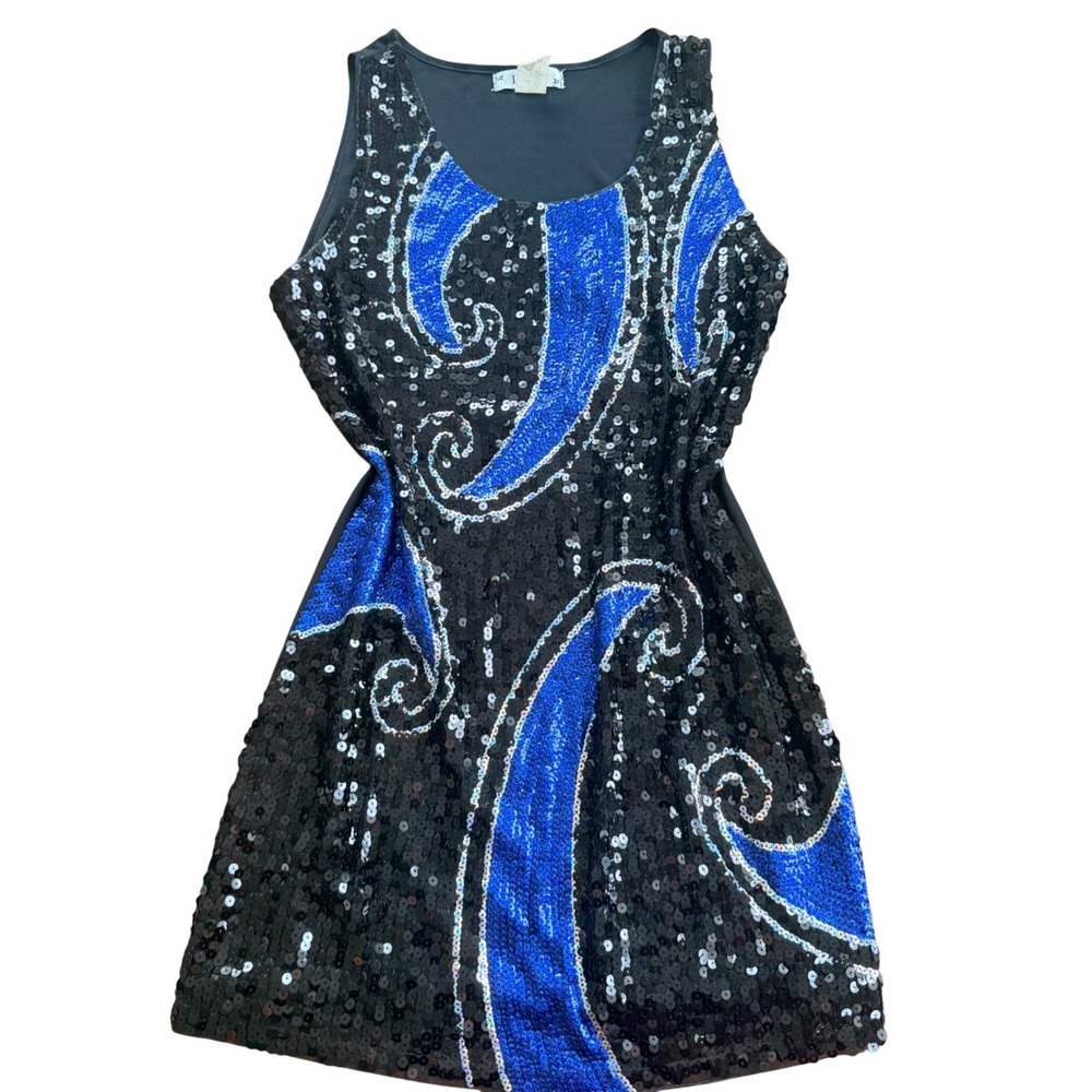 ICU‎ Women Sequin Swirl Mini Dress Sleeveless Party Clubwear Scoop Neck Vintage